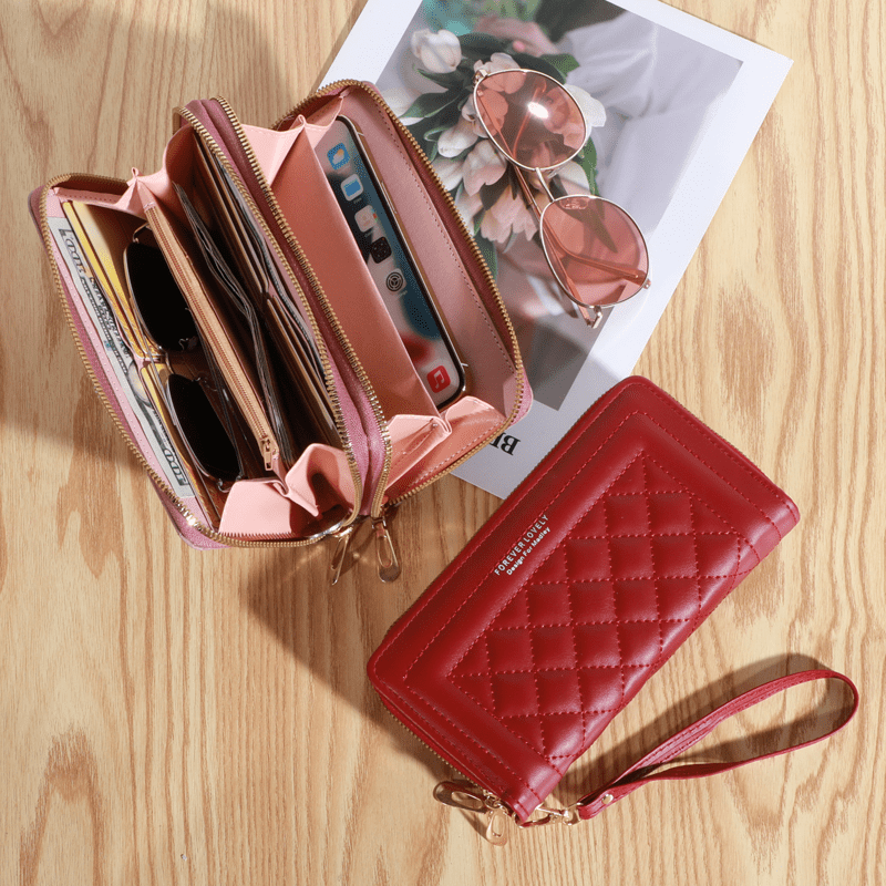 Argyle Quilted Clutch Wallet with Double Zipper Long Phone Bag