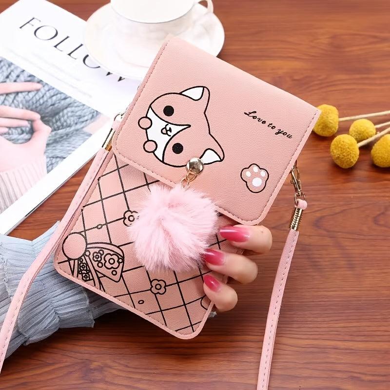 Cartoon Print Cell Phone Bag with Strap & Pom Pom