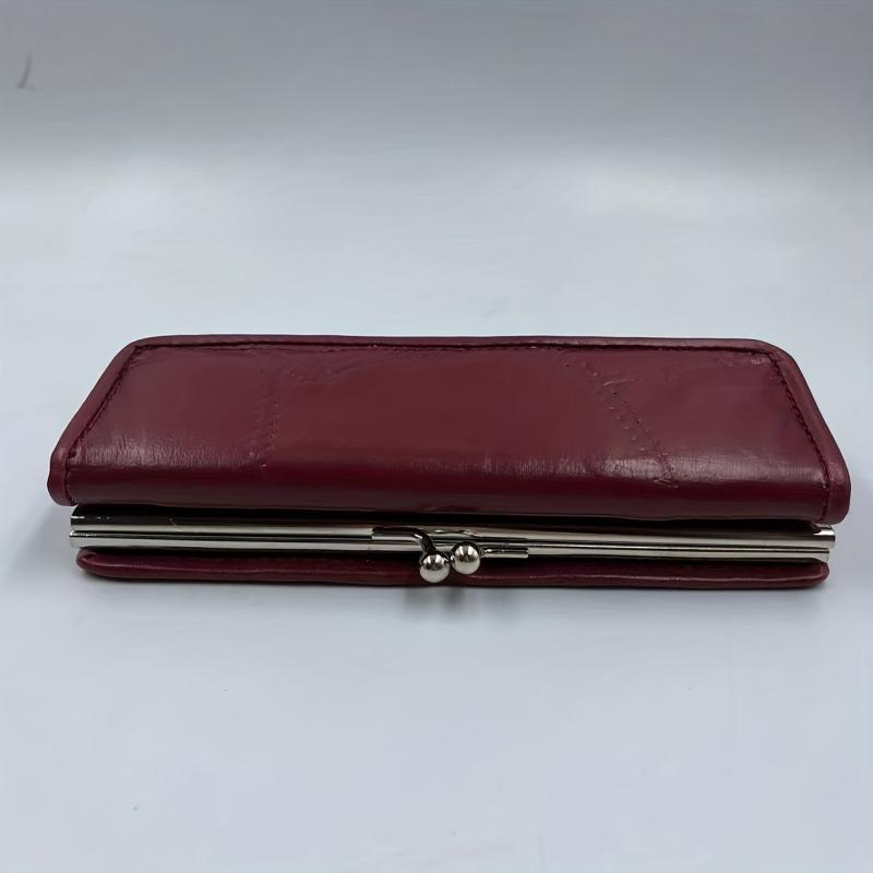 Vintage Burgundy Long Clutch Wallet Coin Purse Trifold Credit Card Case