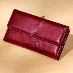 Vintage Burgundy Long Clutch Wallet Coin Purse Trifold Credit Card Case