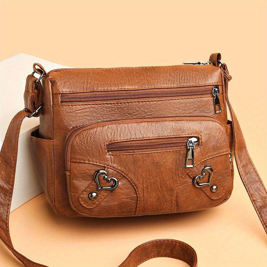Heart Decor Crossbody Bag Vintage PU Leather Shoulder Bag