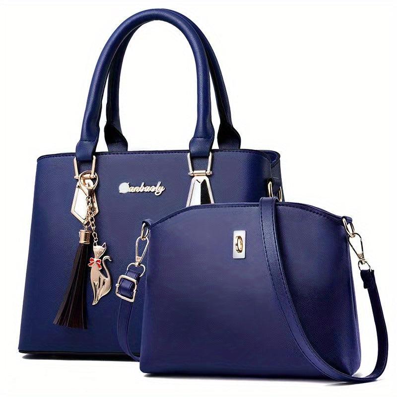 2Pcs Tassel Decor Handbag Set: Tote & Crossbody Bag