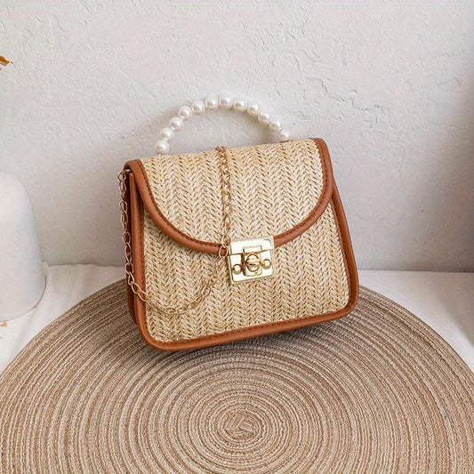 Straw Square Bag Turn Lock Crossbody Chain Women's Flap Top Bag