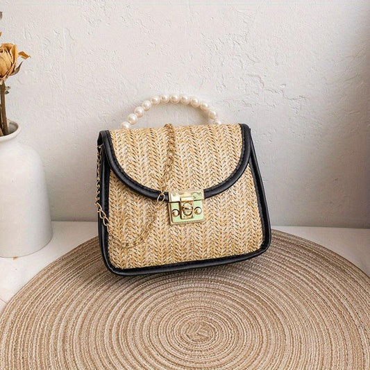 Straw Square Bag Turn Lock Crossbody Chain Women's Flap Top Bag