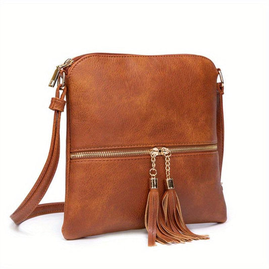 Vintage Crossbody Bag For Women Tassel Decor Square Bag Boho Style Shoulder Bag