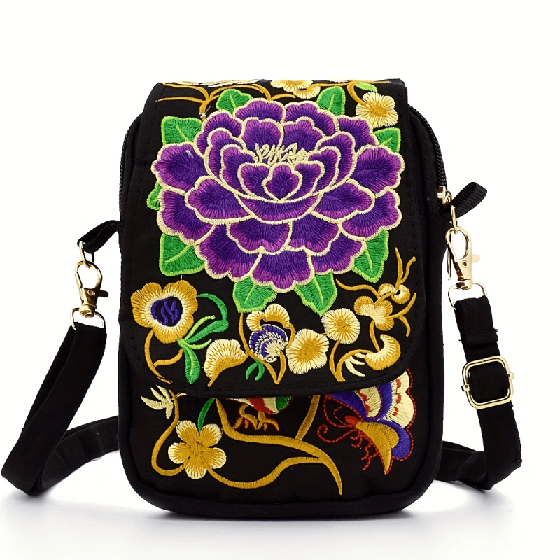 Women's Embroidered Crossbody Bag Canvas Shoulder Bag Zipper Phone Bag