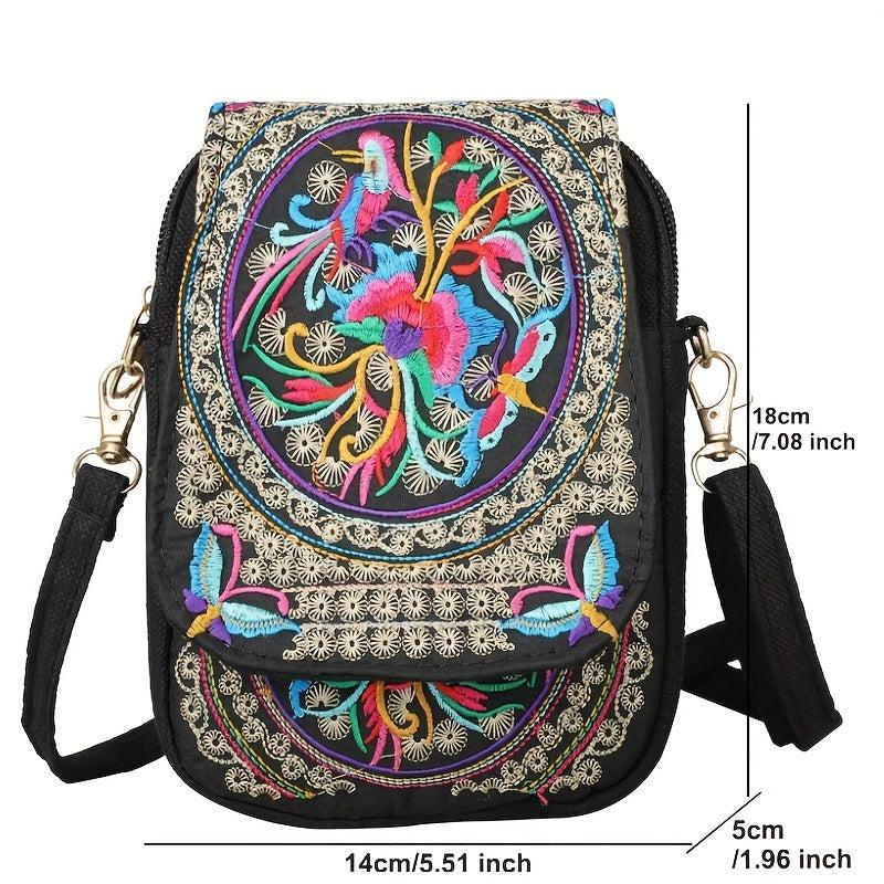 Women's Embroidered Crossbody Bag Canvas Shoulder Bag Zipper Phone Bag