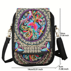 Women's Embroidered Crossbody Bag Canvas Shoulder Bag Zipper Phone Bag