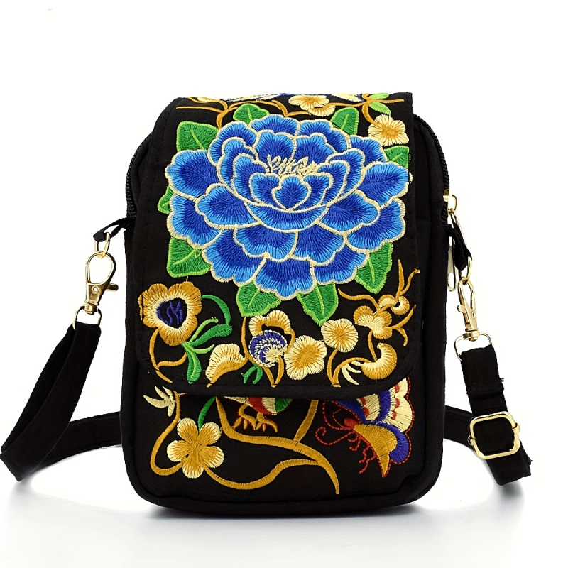 Women's Embroidered Crossbody Bag Canvas Shoulder Bag Zipper Phone Bag