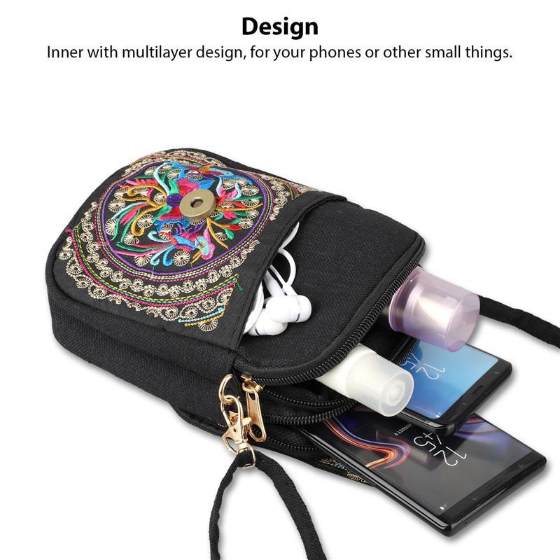 Women's Embroidered Crossbody Bag Canvas Shoulder Bag Zipper Phone Bag