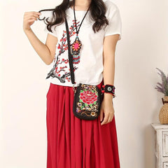 Women's Embroidered Crossbody Bag Canvas Shoulder Bag Zipper Phone Bag