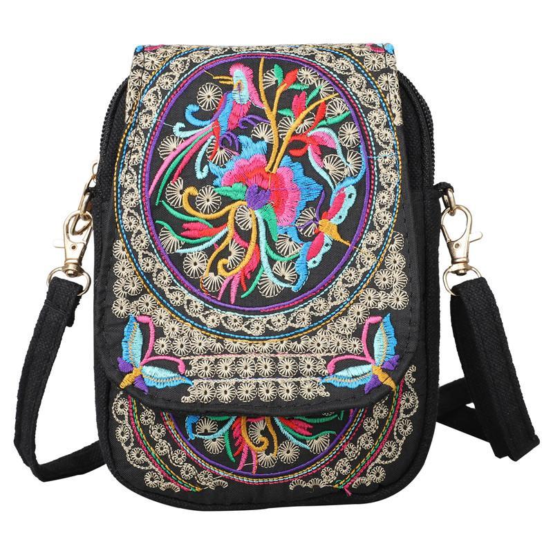 Women's Embroidered Crossbody Bag Canvas Shoulder Bag Zipper Phone Bag