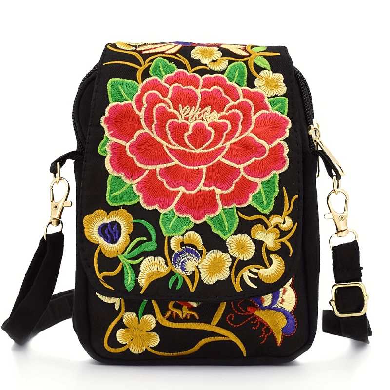 Women's Embroidered Crossbody Bag Canvas Shoulder Bag Zipper Phone Bag