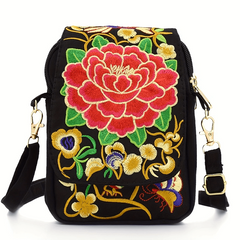 Women's Embroidered Crossbody Bag Canvas Shoulder Bag Zipper Phone Bag
