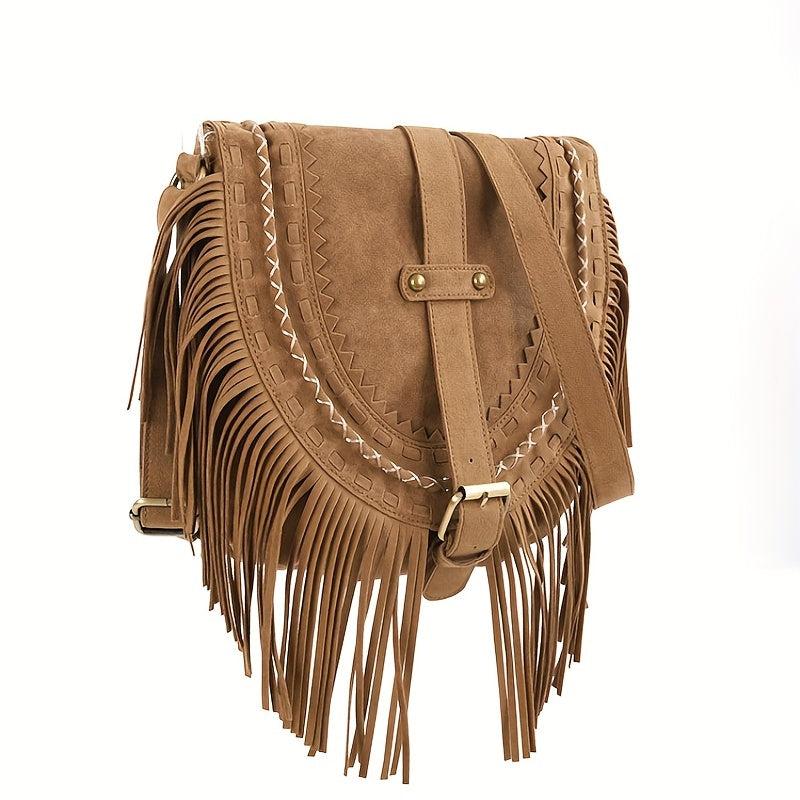 Fringe Suede Crossbody Bag Vintage Braided Detail Saddle Bag