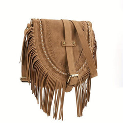Fringe Suede Crossbody Bag Vintage Braided Detail Saddle Bag