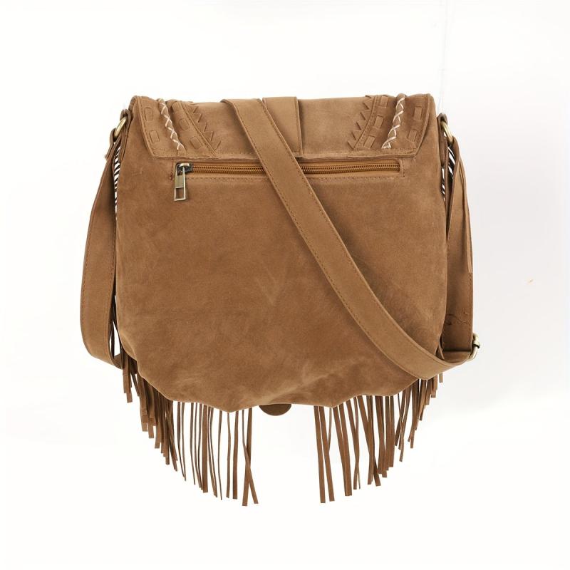 Fringe Suede Crossbody Bag Vintage Braided Detail Saddle Bag