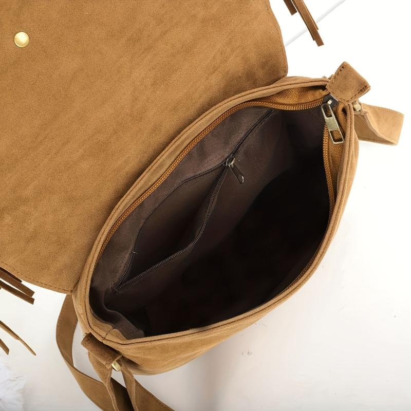 Fringe Suede Crossbody Bag Vintage Braided Detail Saddle Bag