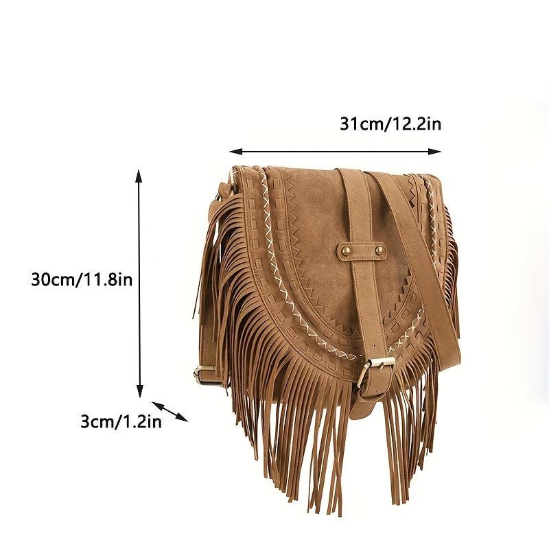 Fringe Suede Crossbody Bag Vintage Braided Detail Saddle Bag