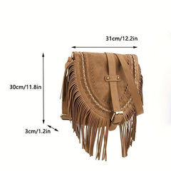Fringe Suede Crossbody Bag Vintage Braided Detail Saddle Bag