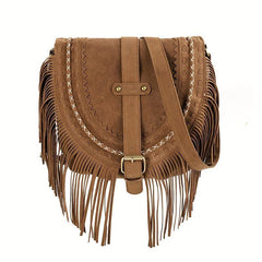 Fringe Suede Crossbody Bag Vintage Braided Detail Saddle Bag