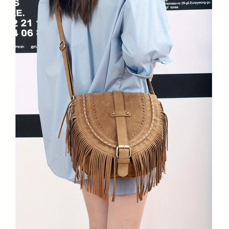 Fringe Suede Crossbody Bag Vintage Braided Detail Saddle Bag