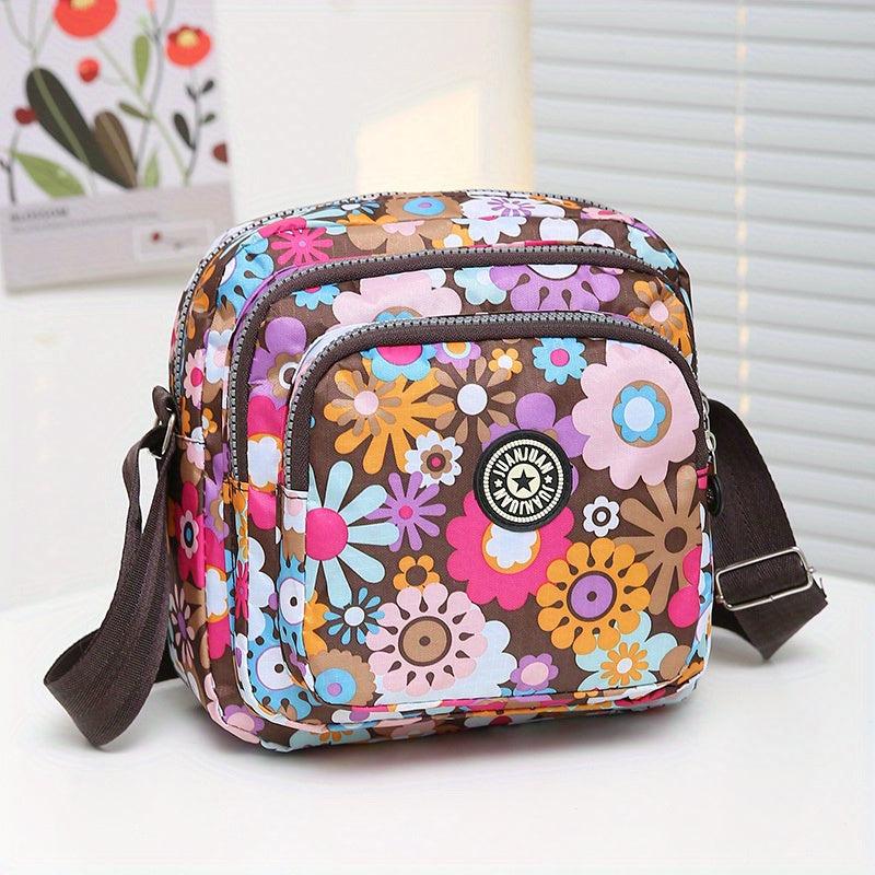 Floral Pattern Crossbody Bag Pocket Purse Women's Small Nylon Shoulder Bag