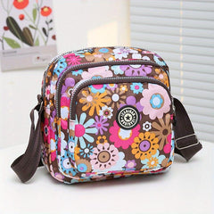 Floral Pattern Crossbody Bag Pocket Purse Women's Small Nylon Shoulder Bag