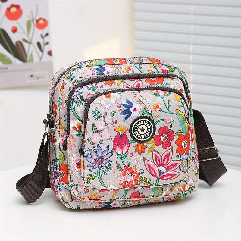 Floral Pattern Crossbody Bag Pocket Purse Women's Small Nylon Shoulder Bag