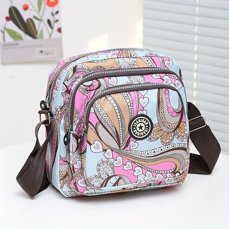 Floral Pattern Crossbody Bag Pocket Purse Women's Small Nylon Shoulder Bag