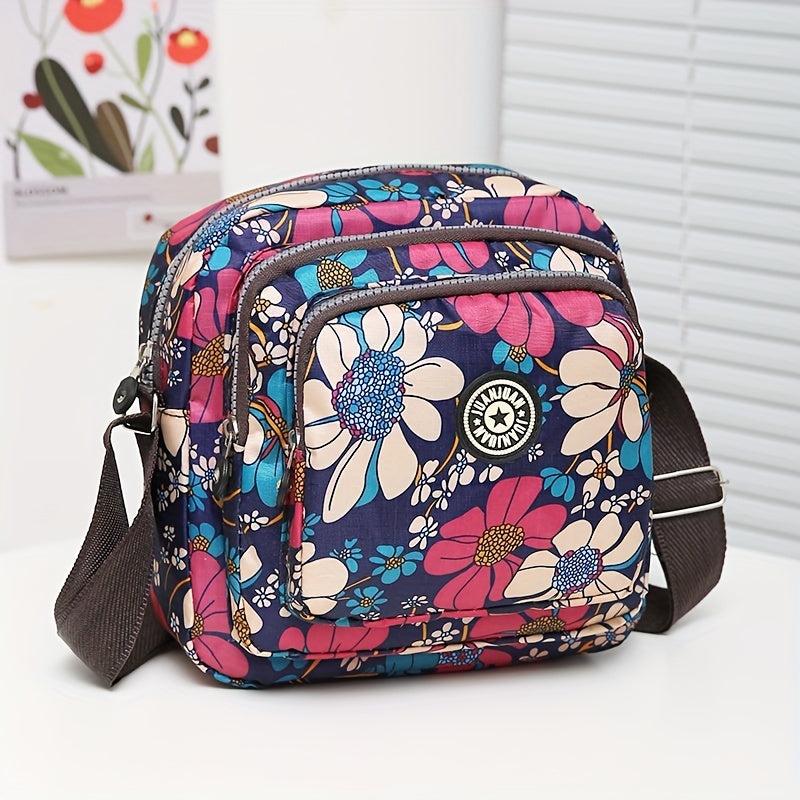 Floral Pattern Crossbody Bag Pocket Purse Women's Small Nylon Shoulder Bag