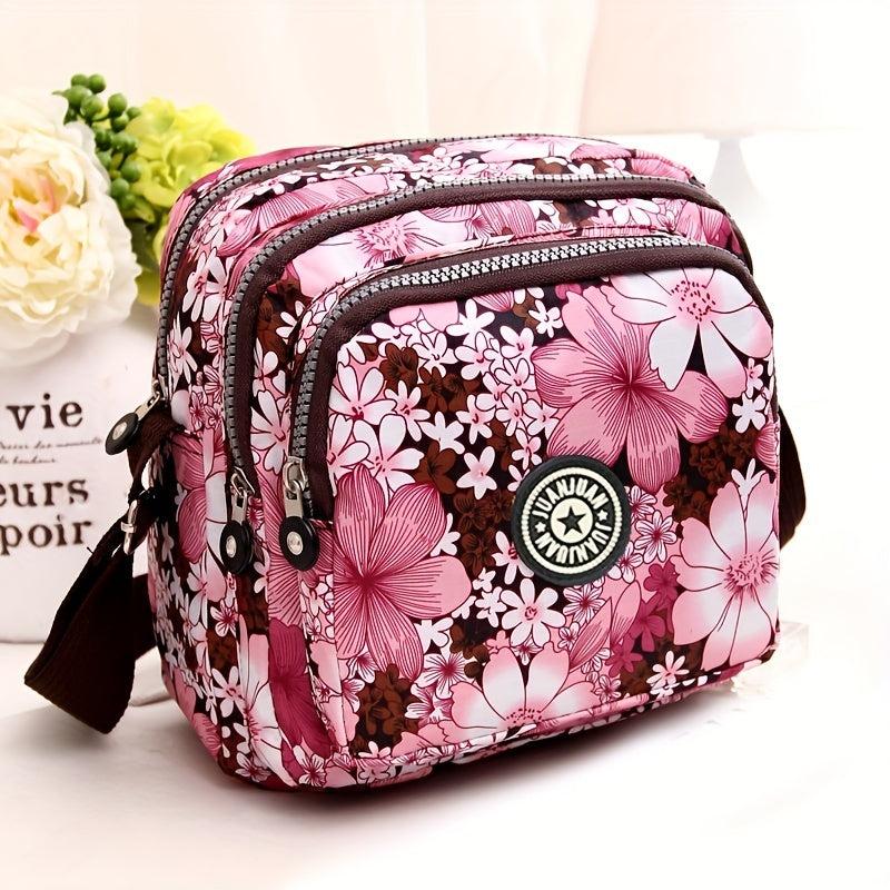 Floral Pattern Crossbody Bag Pocket Purse Women's Small Nylon Shoulder Bag