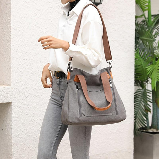 Two Tone Canvas Handbag Large Capacity Crossbody Bag Casual Shoulder Purse