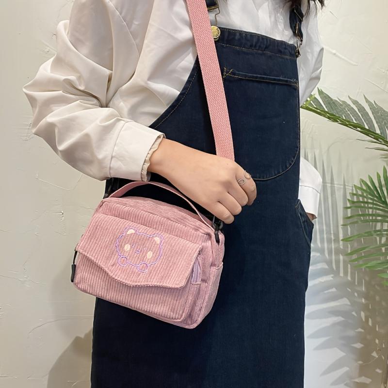 Cartoon Pattern Crossbody Bag Corduroy Shoulder Bag Women's Flap Pocket Decor