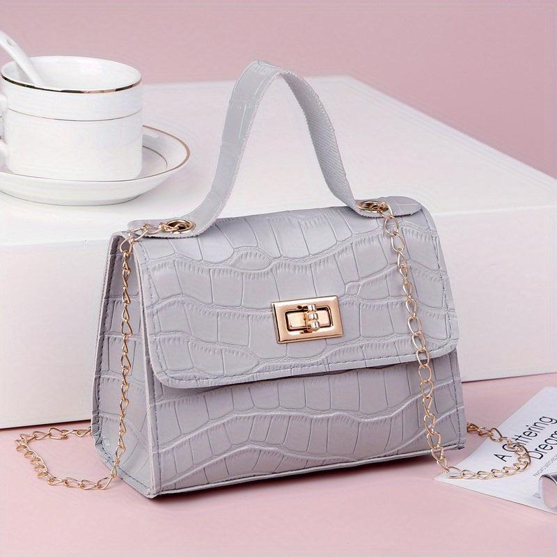 Crocodile Embossed Square Crossbody Bag Turn Lock All Match Bag