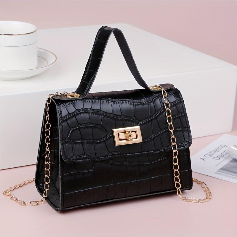Crocodile Embossed Square Crossbody Bag Turn Lock All Match Bag