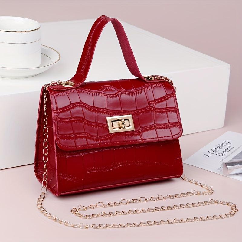 Crocodile Embossed Square Crossbody Bag Turn Lock All Match Bag