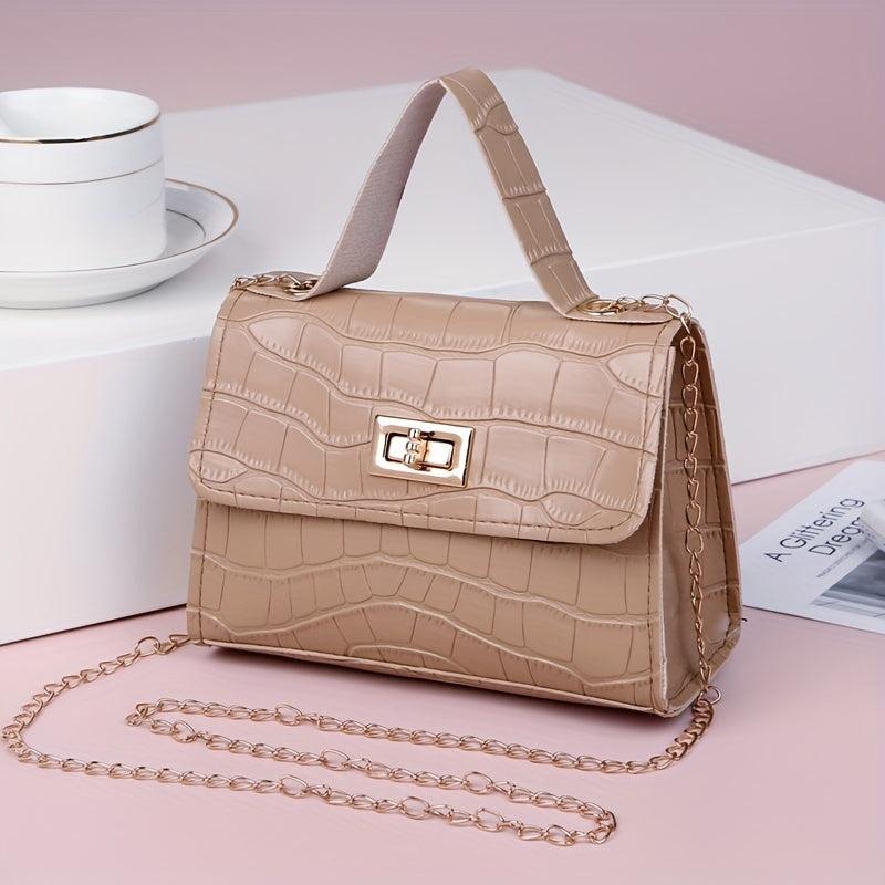 Crocodile Embossed Square Crossbody Bag Turn Lock All Match Bag