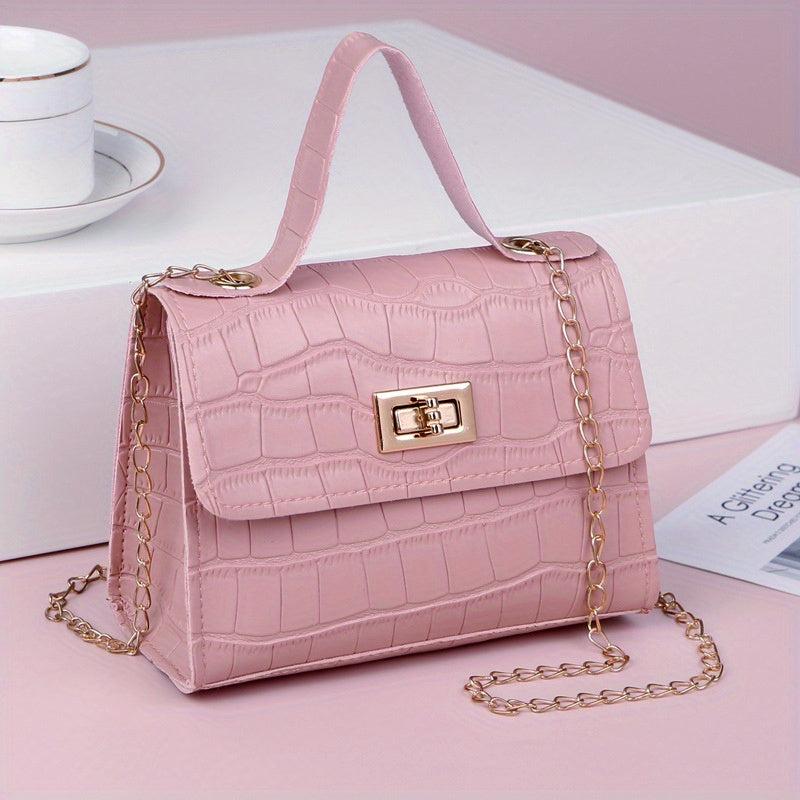 Crocodile Embossed Square Crossbody Bag Turn Lock All Match Bag