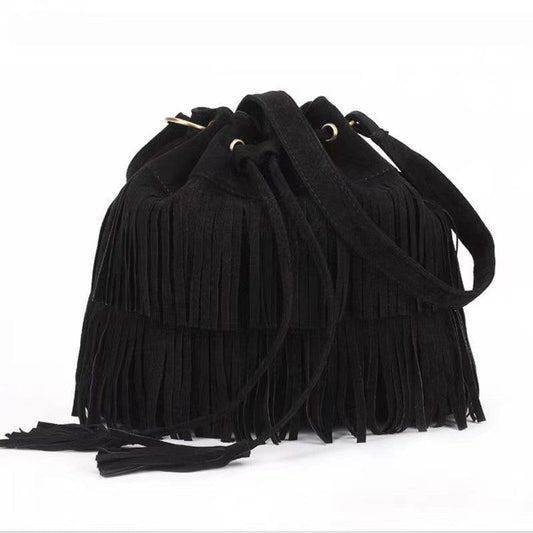 Suede Fringe Trim Bucket Crossbody Bag Vintage Drawstring Purse