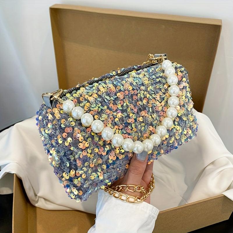 Sequined Chain Crossbody Bag with Pearl Strap for Prom Party