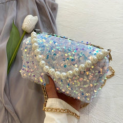 Sequined Chain Crossbody Bag with Pearl Strap for Prom Party