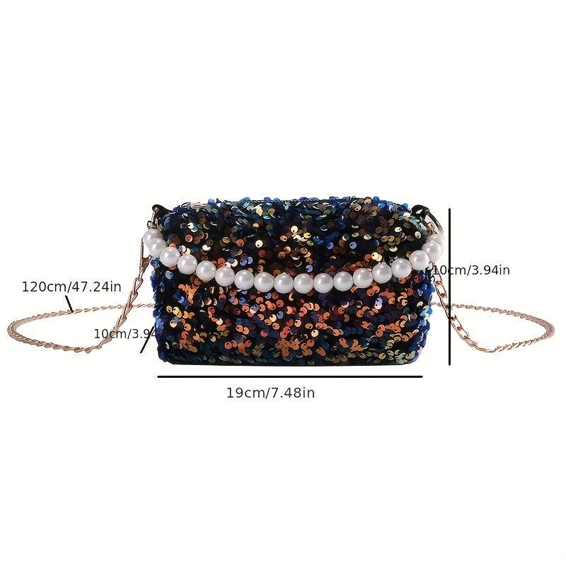 Sequined Chain Crossbody Bag with Pearl Strap for Prom Party