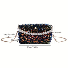 Sequined Chain Crossbody Bag with Pearl Strap for Prom Party