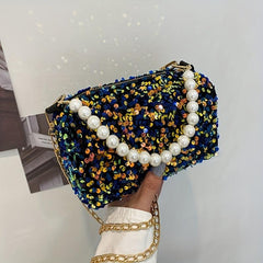 Sequined Chain Crossbody Bag with Pearl Strap for Prom Party