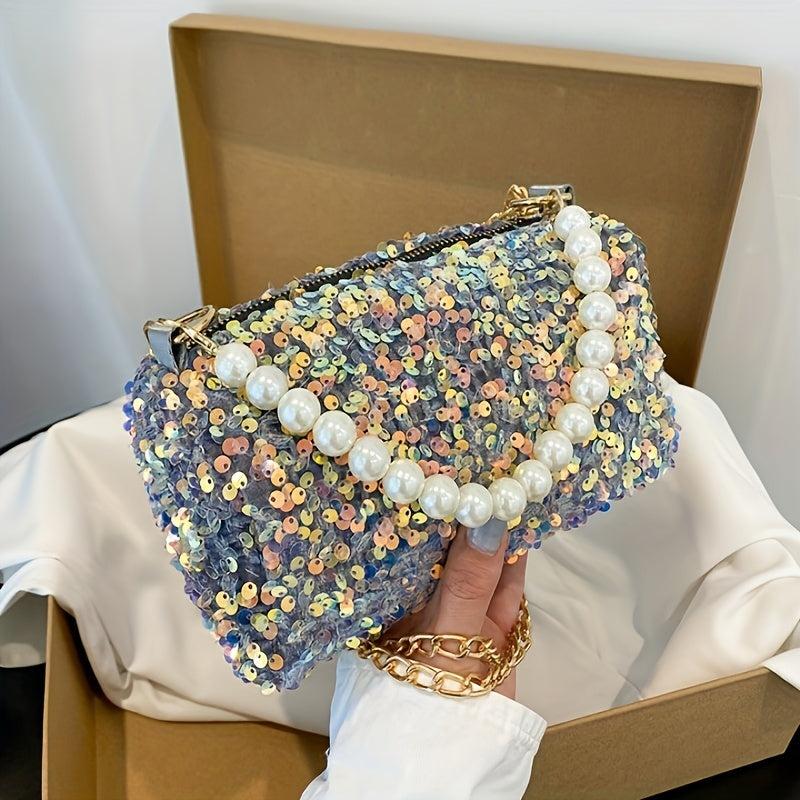 Sequined Chain Crossbody Bag with Pearl Strap for Prom Party