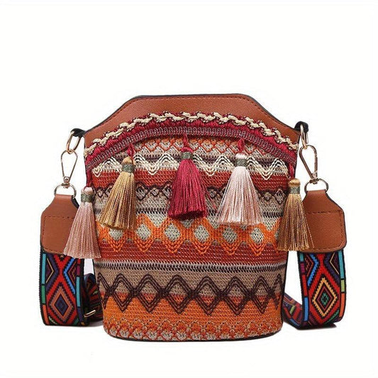 Vintage Ethnic Shoulder Bag Tassel Decor Crossbody Bag Zipper Purse Bucket Bag