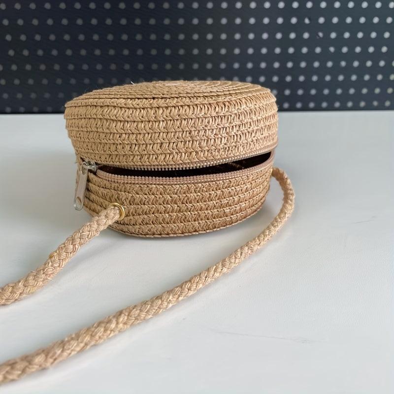 Minimalist Zipper Straw Bag All Match Braided Round Purse