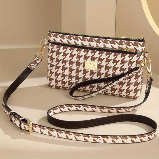 Houndstooth Crossbody Bag Clutch Wallet Zipper Wrist Purse