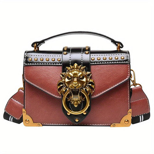 Vintage Studded Metal Lion Crossbody Bag